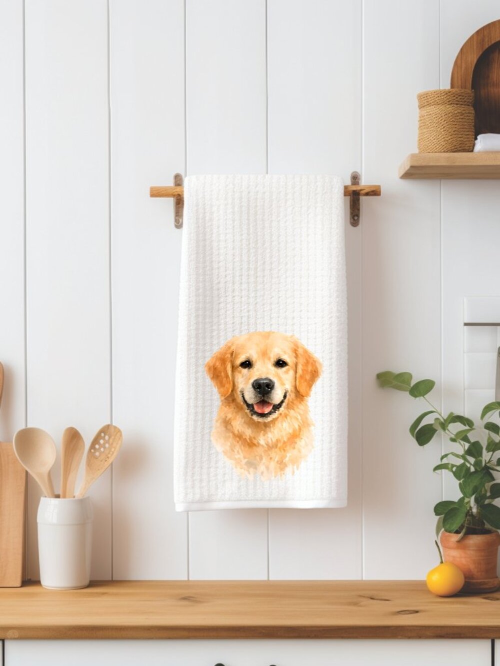Golden Retriever Dog Waffle Weave Decorative Kitchen Tea Towel